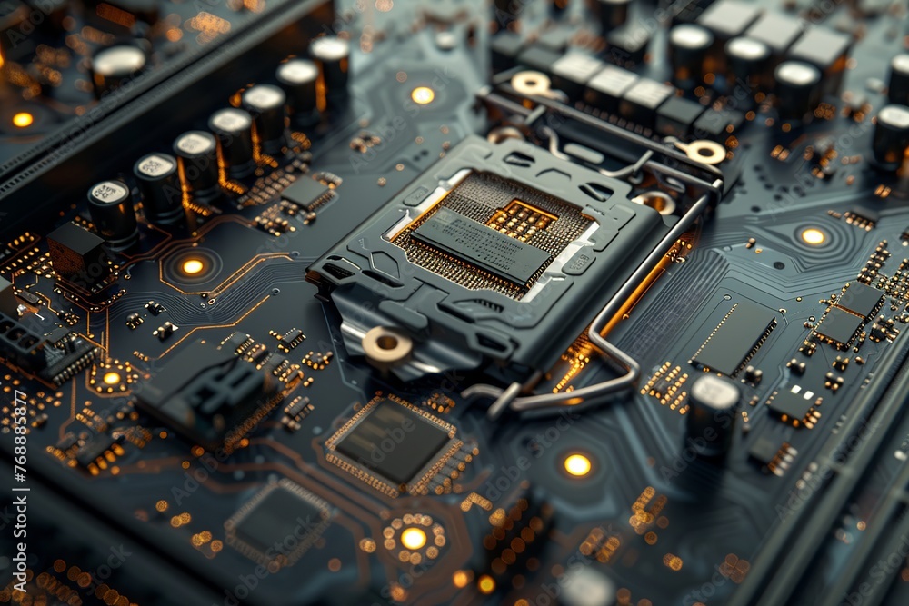 Poster immerse yourself in the artistry of a realistic depiction of a motherboard, showcasing intricate cir