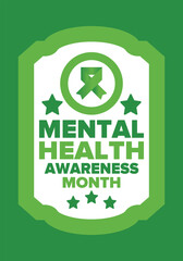 Mental Health Awareness Month in May. Annual campaign in United States. Raising awareness of mental health. Control and protection. Prevention campaign. Medical health care design. Vector illustration