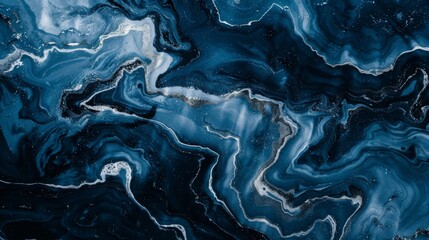 Dark blue marble texture. Liquid wave pattern stone with silver veins.