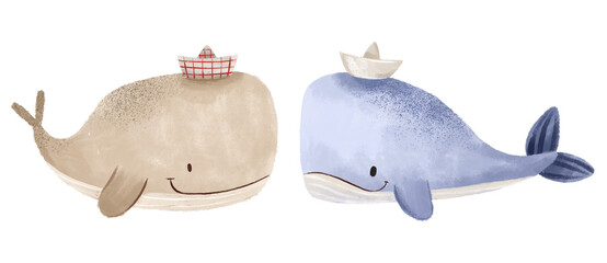 Two whales look at each other. Fishes and the underwater world. Cartoon whale sailor. Cute hand drawn children's illustration on isolated background. Kids nautical background
