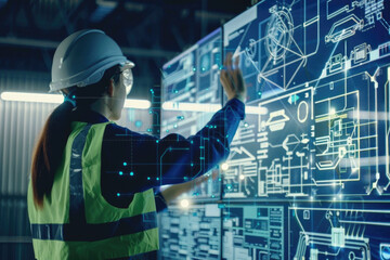 Engineer using data and control networking for clean energy industry, development, energy saving. Smart industry 4.0 technology concept