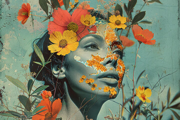 Collage portrait painting art poster floral face nature ecology protection connection Generative AI...