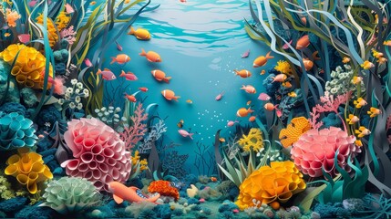 Fototapeta na wymiar A beautifully crafted paper art diorama depicting a vibrant underwater scene with stylized coral formations and schools of fish, showcasing artistic creativity.