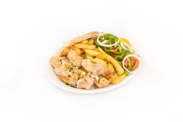 Greek chicken souvlaki with french fries and salad
