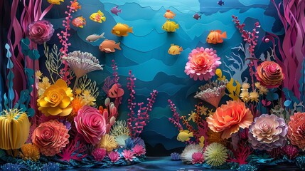 Fototapeta na wymiar Intricate paper art depicting a lively coral reef environment with colorful tropical fish swimming amongst the flora, demonstrating exquisite paper crafting skill.