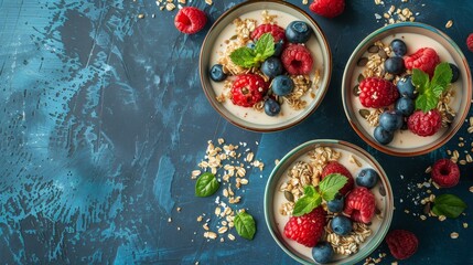 Fresh and nutritious yogurt bowls topped with a variety of berries and granola, garnished with mint leaves, perfect for a wholesome breakfast or snack.