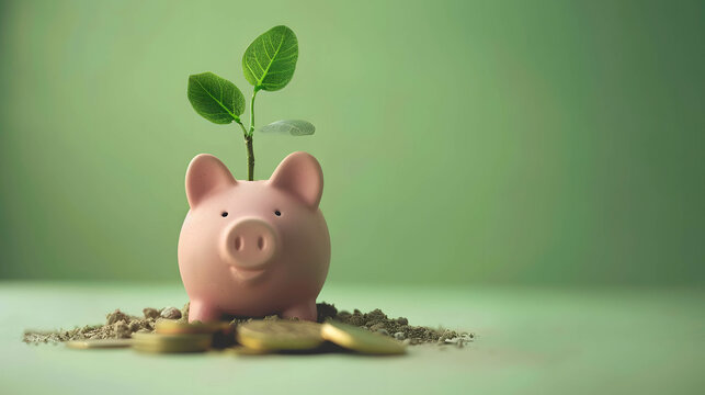 Piggy bank and money growth from savings and investments, Returns from saving money, investing in stocks, investing in funds. Green background with copy space