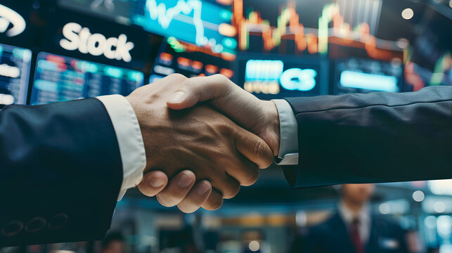 Two businessman shaking hands with word “Stock” in stock market exchange, trading and investing in the stock market