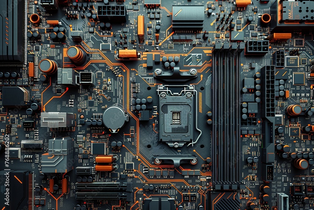 Poster immerse yourself in the artistry of a realistic depiction of a motherboard, showcasing intricate cir