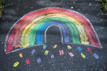 rainbow chalk drawings on a schoolyard blacktop