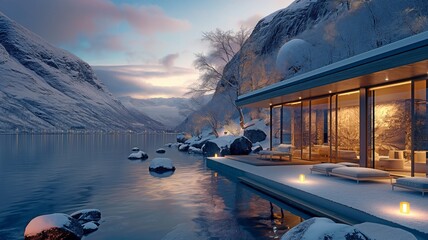 Surrounded by a tranquil winter landscape, an opulent outdoor leisure area of an eco-hotel located in the Norwegian fjords. - obrazy, fototapety, plakaty