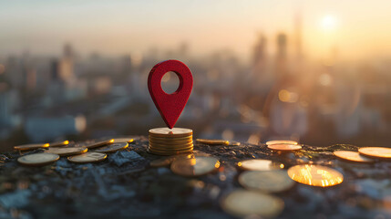 Pin icon and stack of coin on land area waiting to be sold, investing in real estate and land to create returns concept, demand for purchasing land in a good location