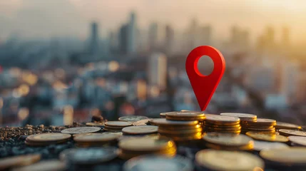 Fotobehang Pin icon and stack of coin on land area waiting to be sold, investing in real estate and land to create returns concept, demand for purchasing land in a good location © Slowlifetrader