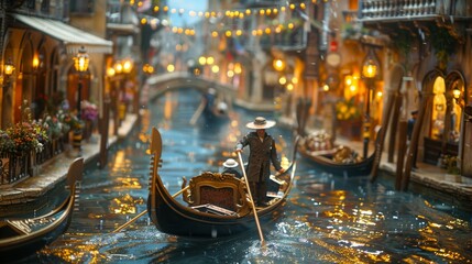 A gondolier navigates through a Venetian canal adorned with glowing lights and charming shopfronts, creating an atmospheric evening scene.