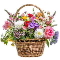 Fototapeta na wymiar Basket of fresh flowers from a garden isolated on white background, vintage, png 