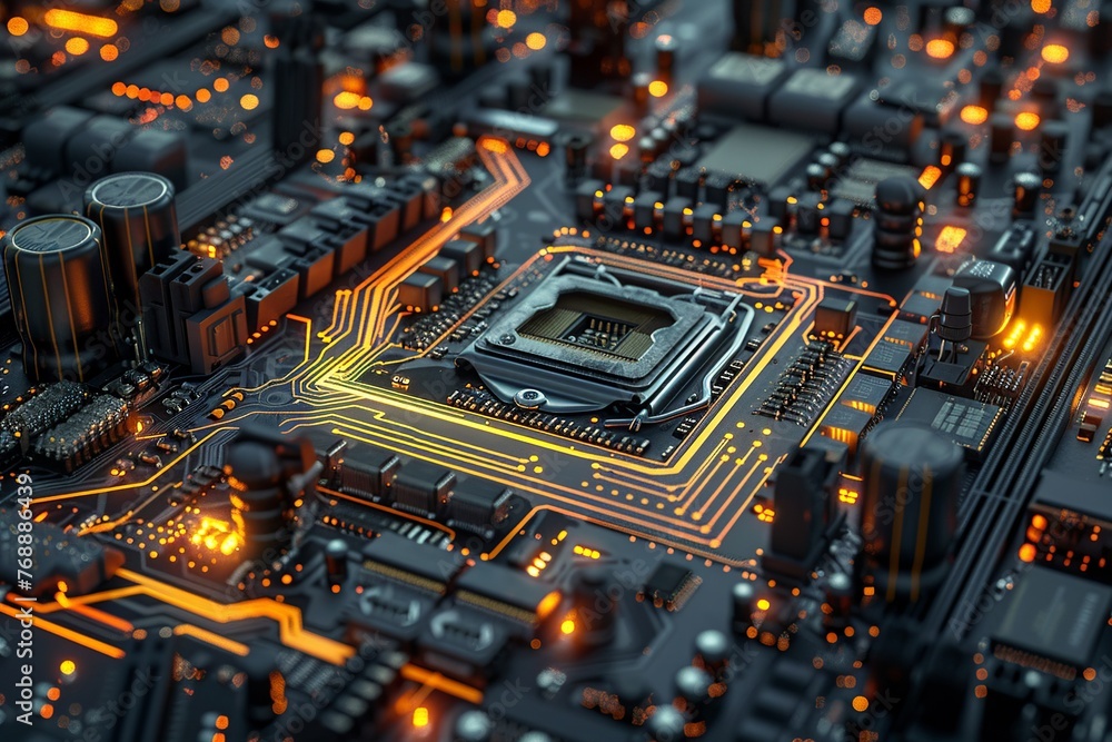 Poster immerse yourself in the artistry of a realistic depiction of a motherboard, showcasing intricate cir