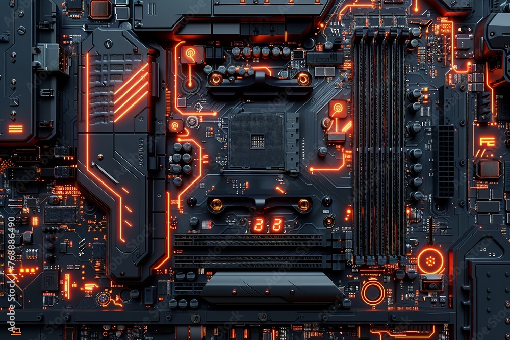Poster immerse yourself in the artistry of a realistic depiction of a motherboard, showcasing intricate cir