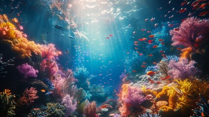 Naklejka na ściany i meble A mesmerizing scene of sunlight filtering through the water, highlighting the diverse and colorful coral landscape bustling with tropical fish.