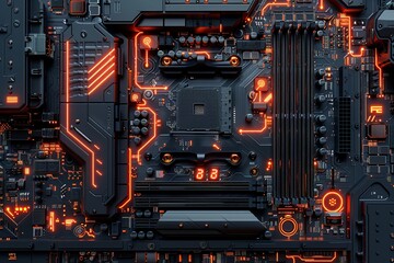 Fototapeta premium Immerse yourself in the artistry of a realistic depiction of a motherboard, showcasing intricate circuit patterns and components with meticulous detail