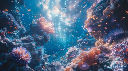 Fototapeta na wymiar Underwater paradise showcasing a lively coral reef bustling with colorful fish and marine creatures, illuminated by sunbeams piercing the ocean's surface.