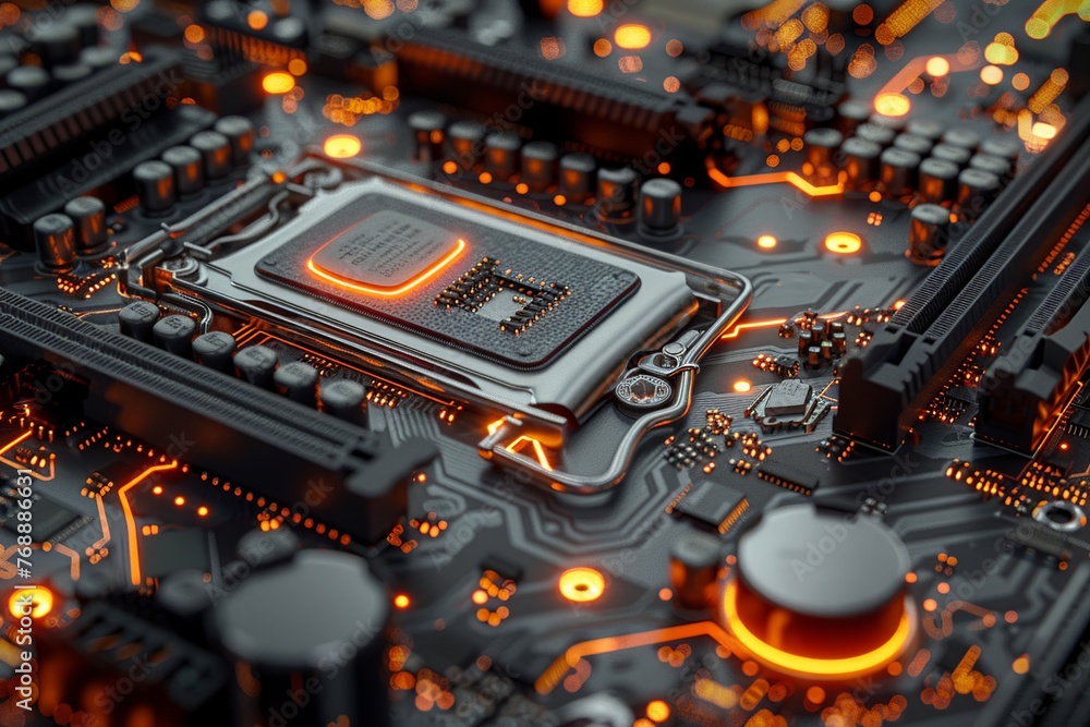Poster immerse yourself in the artistry of a realistic depiction of a motherboard, showcasing intricate cir