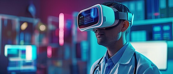 Using virtual reality technology and VR glasses, a doctor is providing a telemedicine consultation.