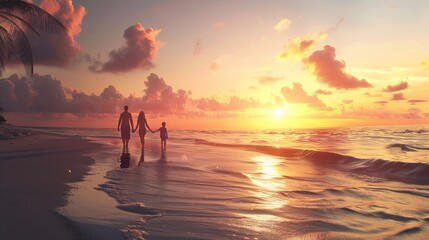 Happy family strolls hand in hand on paradise beach at sunset, enjoying summer vacation - obrazy, fototapety, plakaty