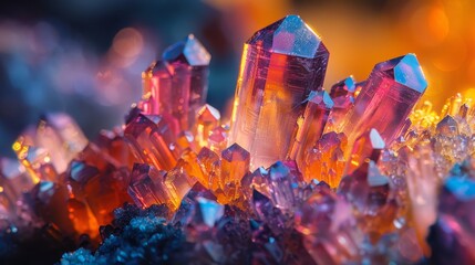 This close-up captures the ethereal glow and sharp geometries of crystal clusters, highlighted by a play of light that reveals their vivid colors and intricate details. - obrazy, fototapety, plakaty