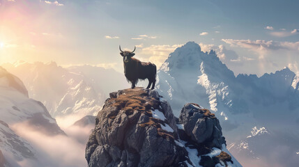 A majestic yak stands atop a snowy mountain peak against a backdrop of dramatic clouds and blue skies - obrazy, fototapety, plakaty