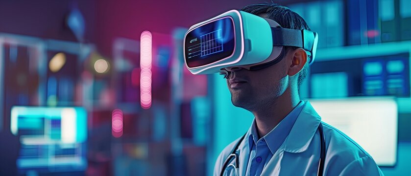 Using virtual reality technology and VR glasses, a doctor is providing a telemedicine consultation.