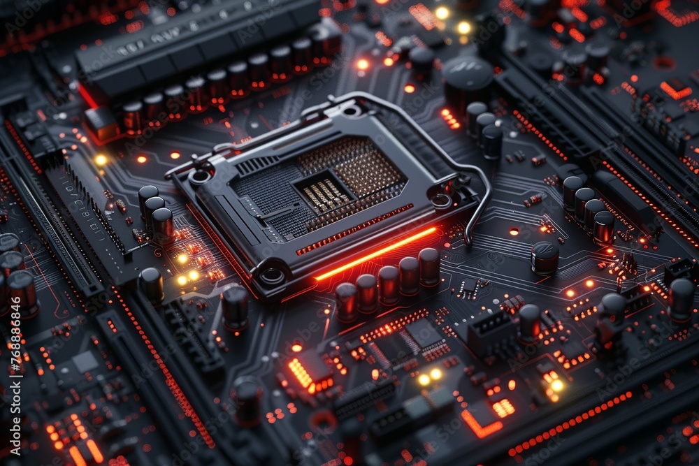 Poster immerse yourself in the artistry of a realistic depiction of a motherboard, showcasing intricate cir