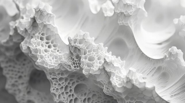 A monochrome macro shot capturing the intricate patterns and delicate structures of fluid foam in an abstract design.