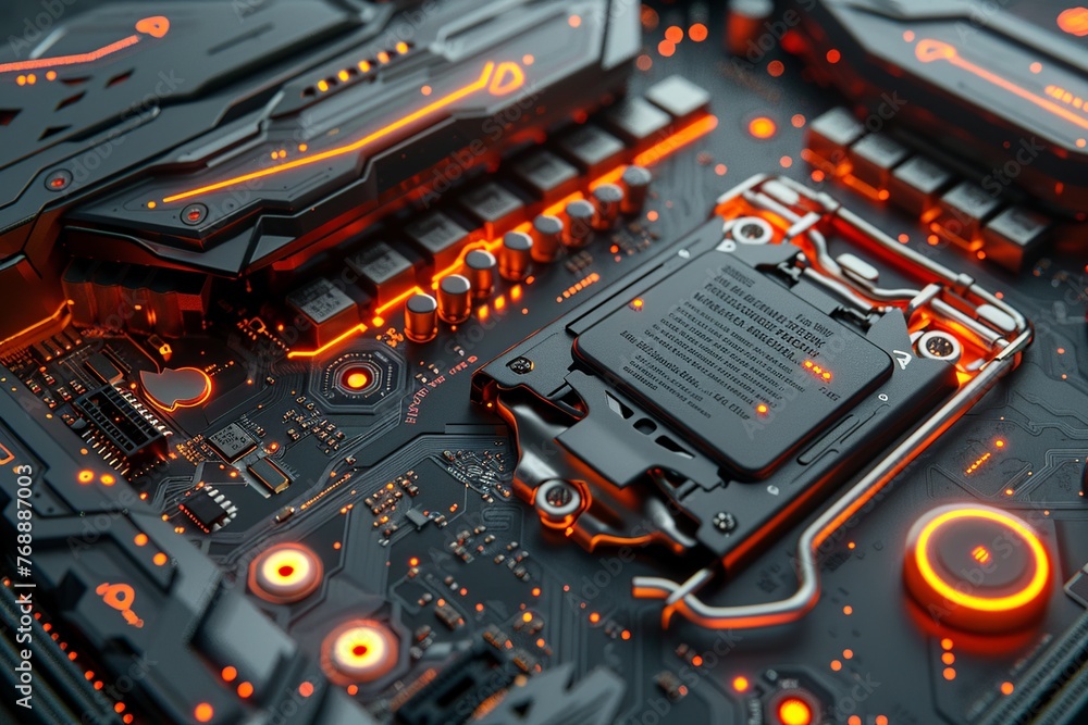 Poster immerse yourself in the artistry of a realistic depiction of a motherboard, showcasing intricate cir