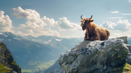 A Highland cow relaxes on a mountain ledge overlooking a lush valley under a bright, blue sky with clouds