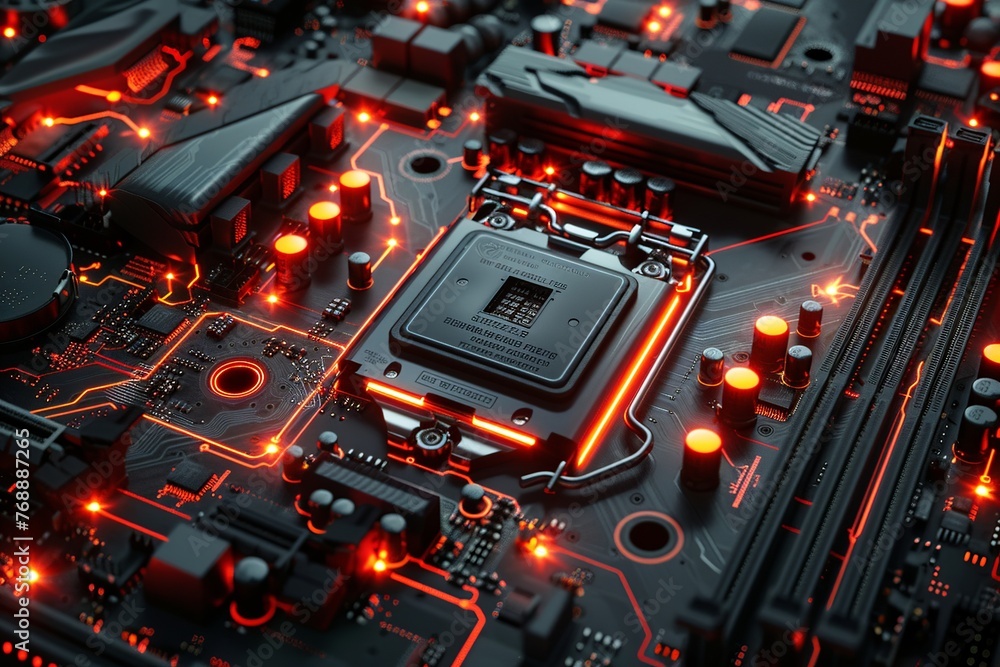 Poster immerse yourself in the artistry of a realistic depiction of a motherboard, showcasing intricate cir