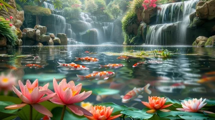 Foto op Canvas This vibrant image showcases a lush koi pond, adorned with blooming water lilies and majestic waterfalls, reflecting a serene natural oasis. © Sodapeaw