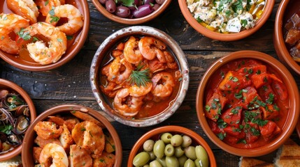 A variety of Spanish tapas including prawns, olives, and peppers served in traditional terracotta dishes on a wooden table.