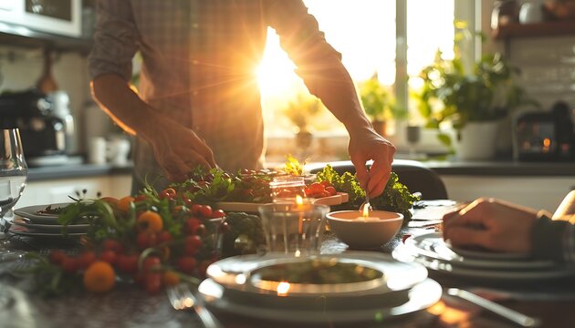 A close examination of a family's morning ritual, spotlighting hands arranging the table, emblematic of everyday familial dynamics.