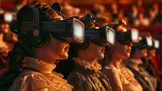 A row of people in an auditorium, wearing virtual reality headsets, engaged in a collective VR experience.