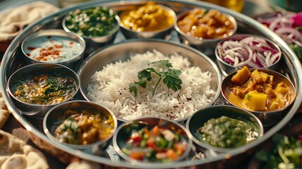An Indian thali featuring a selection of curries, rice, and condiments, representing the diversity of Indian cuisine. - obrazy, fototapety, plakaty