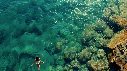 Enchanting aerial view: girl on tranquil sea surface - summer serenity captured in stunning composition