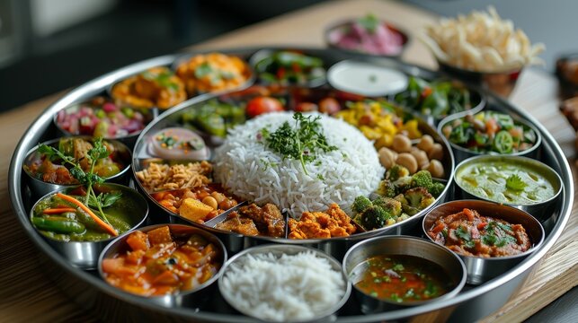 A grand Indian thali offering a feast of vegetarian options, including various curries, rice, salad, and condiments for an authentic taste experience.