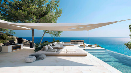 Fototapeta premium Sea view. A luxury modern white beach hotel with swimming pool. Sunbed on sundeck for vacation home or hotel 