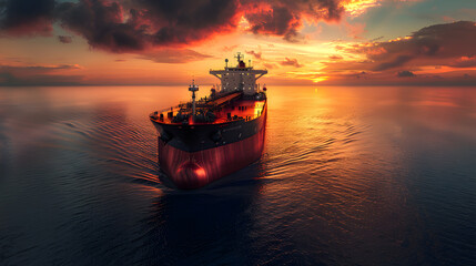 A large tanker ship cuts through a vibrant orange sunset at sea. - obrazy, fototapety, plakaty