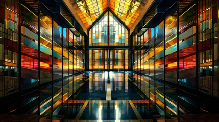 Fotobehang A long hallway features stained glass windows and a stained glass ceiling, casting colorful light throughout. © javu