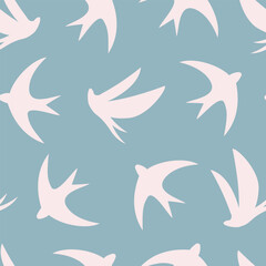 Seamless pattern with bird silhouettes on sea blue background, hand drawn vector illustration