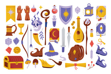 Big set with RPG adventure board game, Dungeons and Dragons role playing game with dice illustrations collection. Hand drawn vector, isolated on white