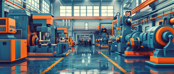 Interior view of a high-tech industrial factory with advanced machinery and a worker overseeing operations.