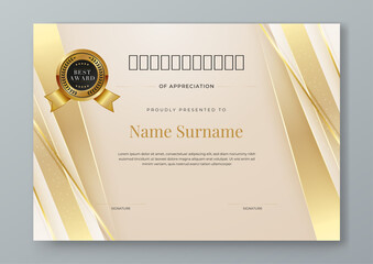 Beige gold and white vector modern elegant and luxury certificate template for corporate. For award, business, diploma, workshop, award, graduation, completion, competition and education