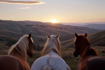 horses side by side watching the sunrise over hills